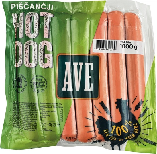 Piščančja hrenovka hot dog, Ave, pakirano, 1 kg