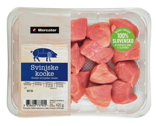 Svinjsko meso v kockah, Mercator, pakirano, 420 g