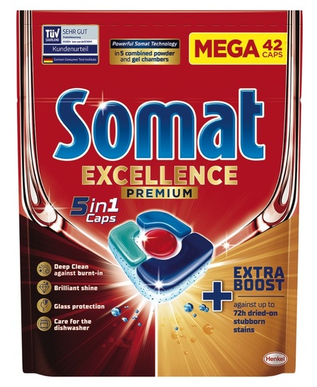 Detergent za strojno pomivanje posode, 5 in 1, Somat Excellence, 42/1
