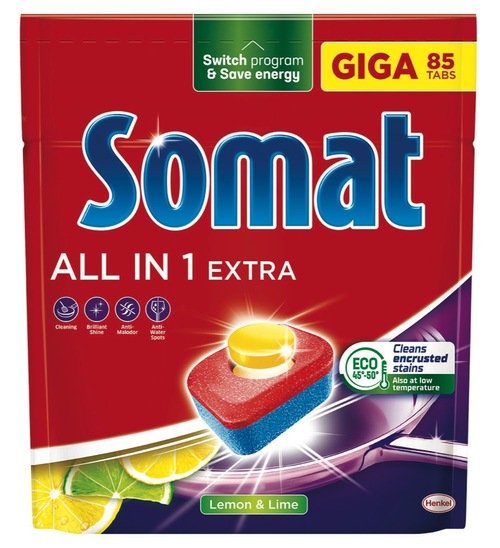 Detergent za strojno pomivanje posode, All in 1 Extra, Lemon, Somat, 85/1