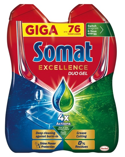 Detergent za strojno pomivanje posode, Duo Gel Grease, Somat Excellence, 1368 ml