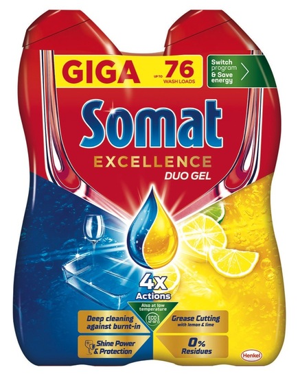 Detergent za strojno pomivanje posode, Duo Gel Grease, Lemon, Somat Excellence, 1368 ml, 76 pranj