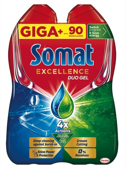 Detergent za strojno pomivanje posode, Duo Gel Grease, Cutting, Somat Excellence, 90 pranj