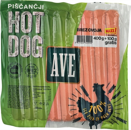 Piščančja hrenovka hot dog, Ave, 400 g + 100 g gratis Maxx