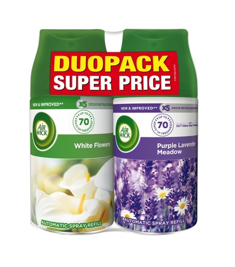 Baterijski osvežilec, White Flower & Purple Lavender, polnilo, AirWick Freshmatic, 2 x 250 ml