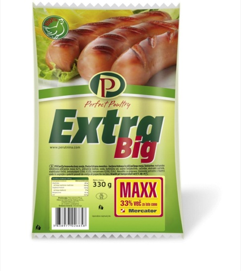 Piščančje hrenovke Extra Big, Perutnina Ptuj, 250 g + 80 g gratis Maxx