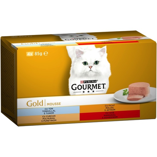 Hrana za mačke Gourmet Gold s tuno, jetri, puranom in govedino, Purina, 4 x 85 g