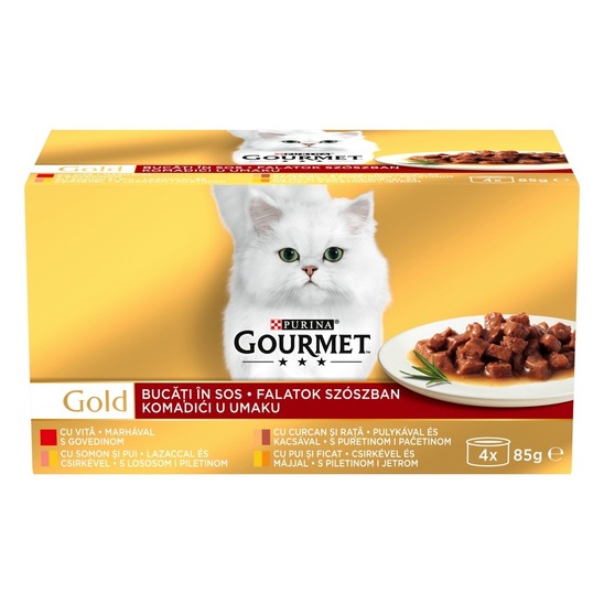 Hrana za mačke Gourmet Gold z govedino, puranom, lososom in jetri, Purina, 4x85 g