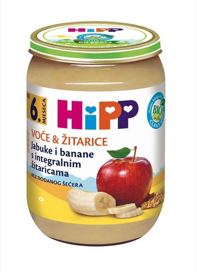 Bio sadno-žitna kašica z jabolkom in banano, od 6. meseca starosti, Hipp, 190 g