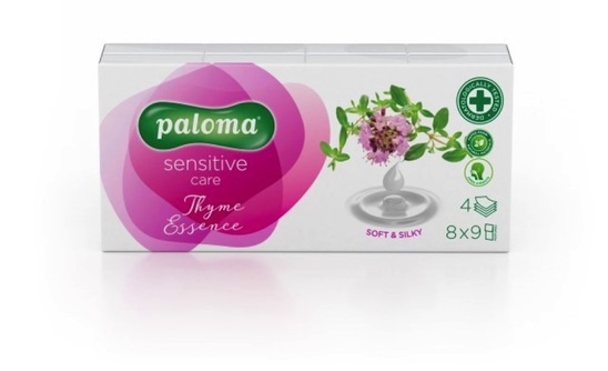 Papirnati robčki Paloma Sensitiv Care essence thyme, 4-slojni, 8x9 robčkov