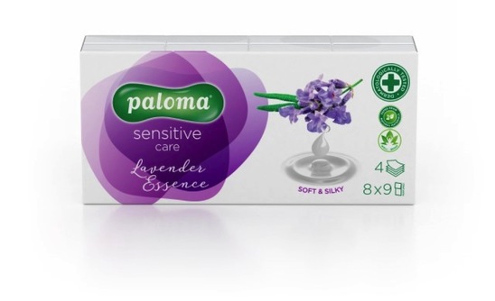 Papirnati robčki Paloma Sensitiv Care Essence Lavender, 4-slojni, 8x9 robčkov