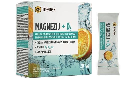 Instant napitek, Magnezij 300 in vitamini D3, B2, B6 s sokom pomaranče, Medex, 20/1