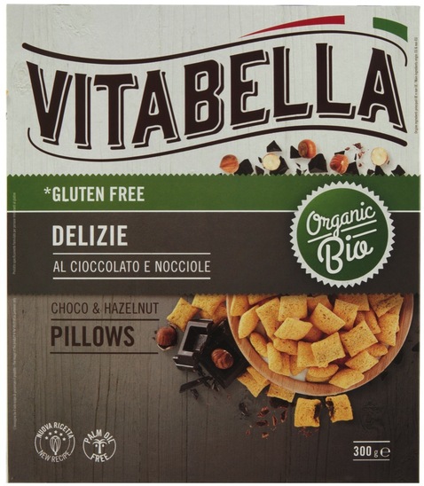 Bio žitne blazinice brez glutena, čokoladno in lešnikovo polnilo, Vitabella, 300 g