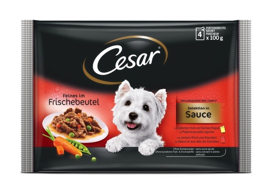 Pasja hrana s piščancem in zelenjavnim ragujem/govedino in korenje v omaki, Cesar, 4 x 100 g