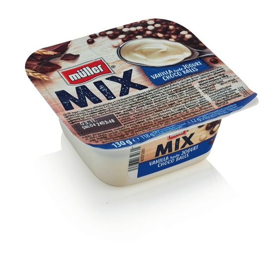 Jogurt, vanilija in čokoladne kroglice, Muller mix, 130 g
