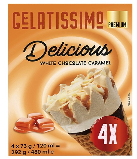 Sladoled kornet, Delicious, karamela in bela čokolada, Gelatissimo, 4 x 120 ml