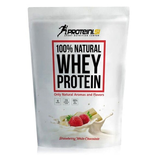 Proteini v prahu 100 % Natural Whey, jagoda in bela čokolada, Proteini.si, 500 g