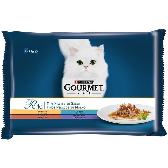 Hrana za mačke Gourmet perle s perutnino, tuno, raco in jagnjetino, Purina, 4x85 g