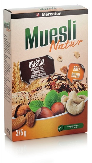 Muesli natur z oreščki, brez rozin, Mercator, 375 g