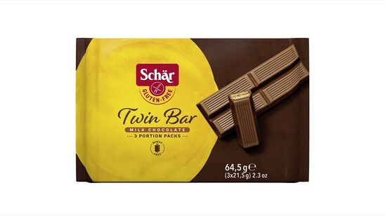 Vafelj brez glutena, oblit s čokolado, Schar Twin Bar, 64,5 g