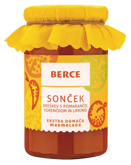 Ekstra domača marmelada Sonček, breskev s pomarančno in limono, Berce, 370 ml