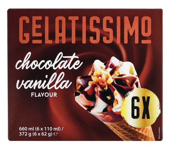 Sladoled kornet, vanilija in čokolada, Gelatissimo, 6 x 110 ml