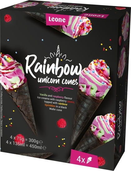 Sladoled kornet, Rainbow Unicorn, Leone, 4 x 135 ml