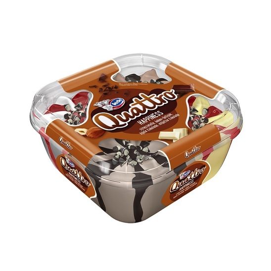 Sladoled Quattro, stracciatella, bela čokolada, kakav in lešnik, Ledo, 1650 ml