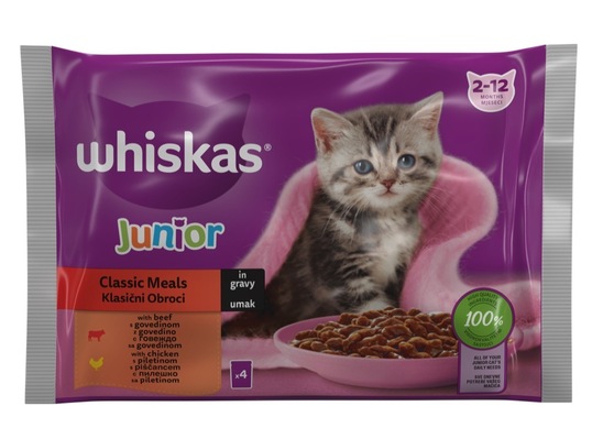 Hrana za mačke, govedina in piščanec, Whiskas Junior, 4 x 85 g