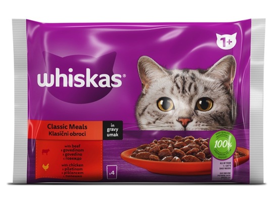 Hrana za mačke, govedina in piščanec, Whiskas, 4 x 85 g