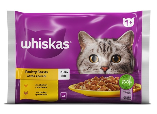 Hrana za mačke, piščanec in puran, Whiskas, 4 x 85 g