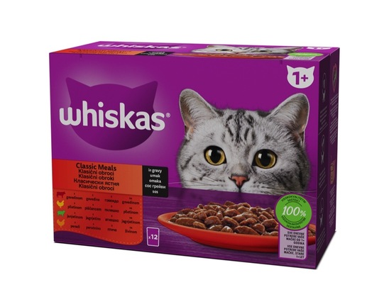 Hrana za mačke, govedina, piščanec, jagnjetina in perutnina, Whiskas, 12 x 85 g