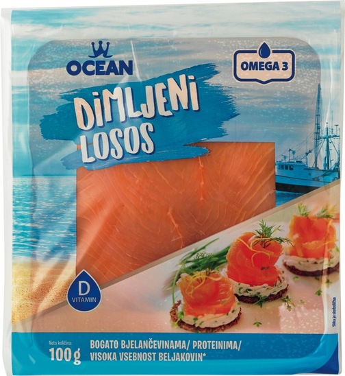 Prekajen atlantski losos, pakirano, Ocean, 100 g