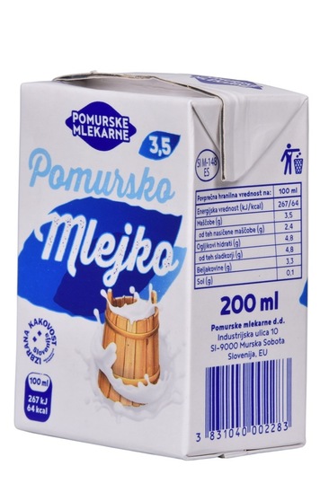 Trajno polnomastno mleko Pomursko Mlejko, 3,5 % m.m., Pomurske mlekarne, 200 ml