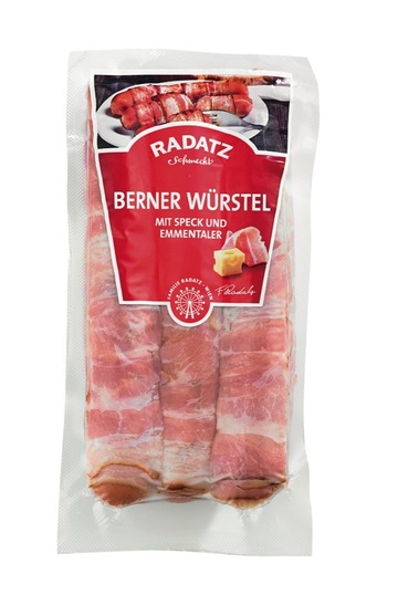 Klobasa za pečenje, polnjena s sirom ementaler in ovita s slanino, Berner Radatz, 300 g