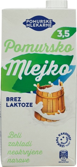 Mleko brez laktoze, 3,5 % m.m., Pomurske mlekarne, 1 l